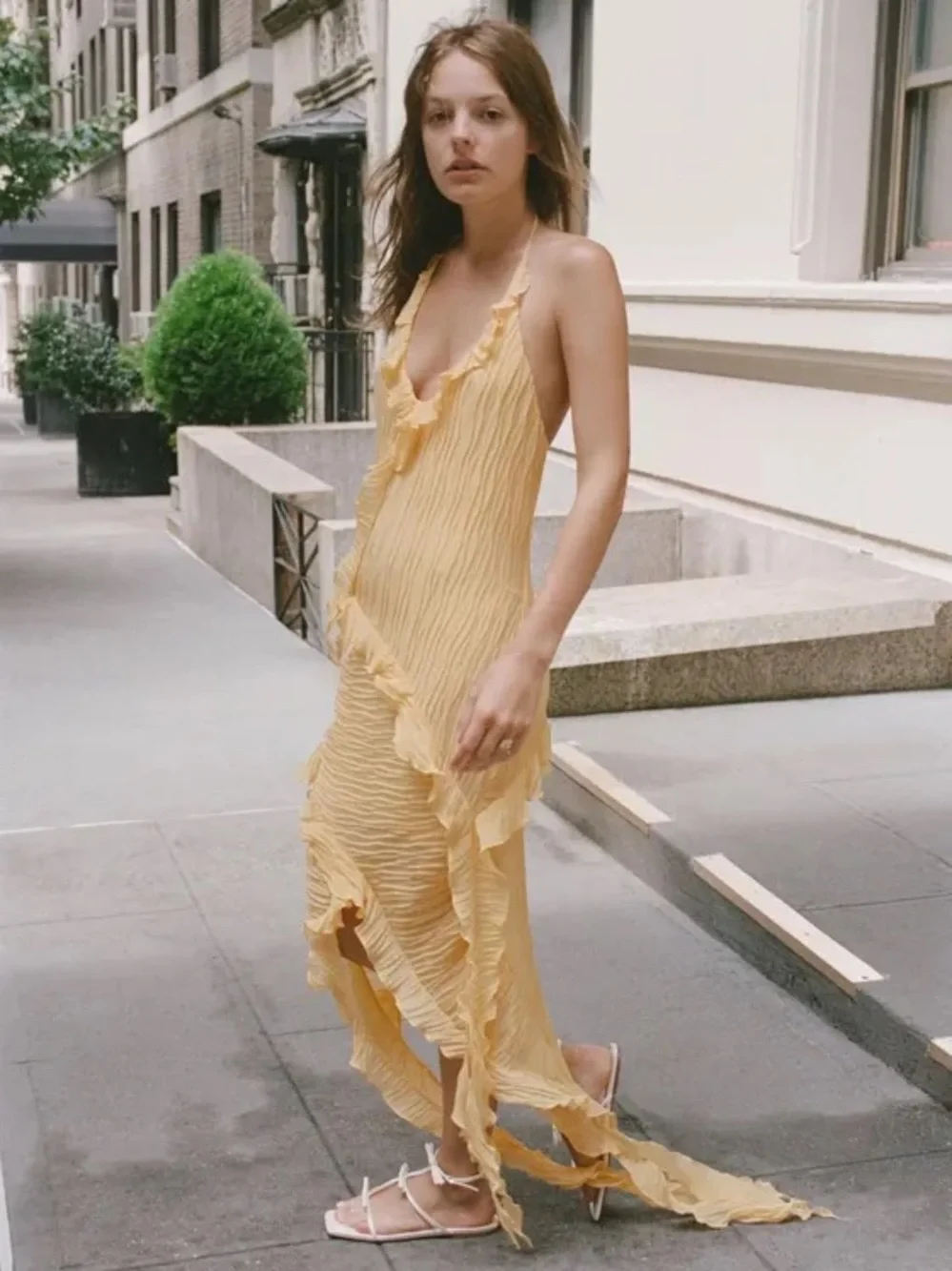 ZARA Asymmetrical Yellow dress with pleats and ruffles S NWT - Picture 4 of 15